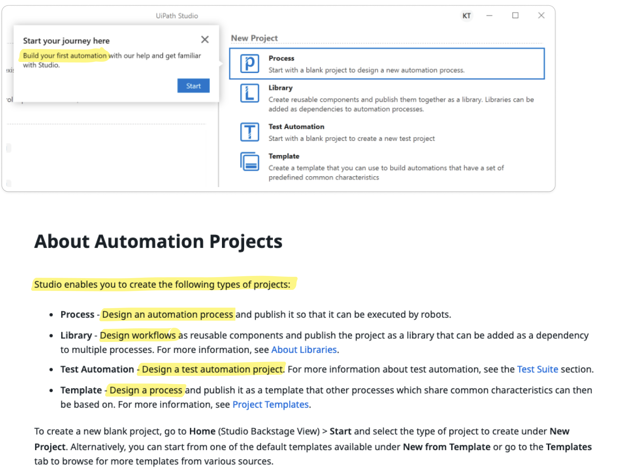 Documentation showing four project types all defined with the same verb