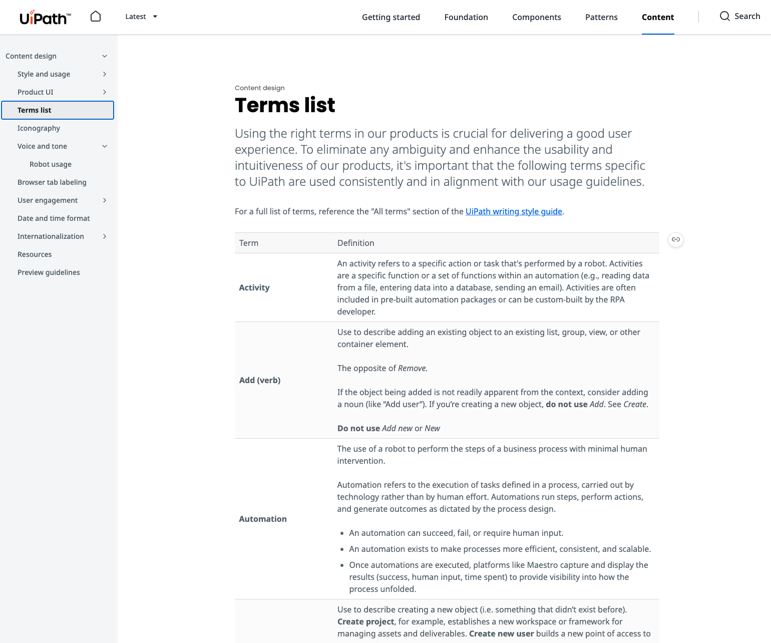 UiPath design system Terms list page — a governed table of canonical terms with definitions and usage rules