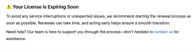 Generic AI license-expiring message — wordy
