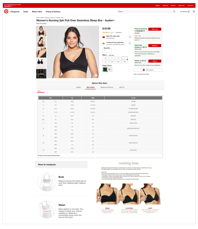 Target size chart and fit guide