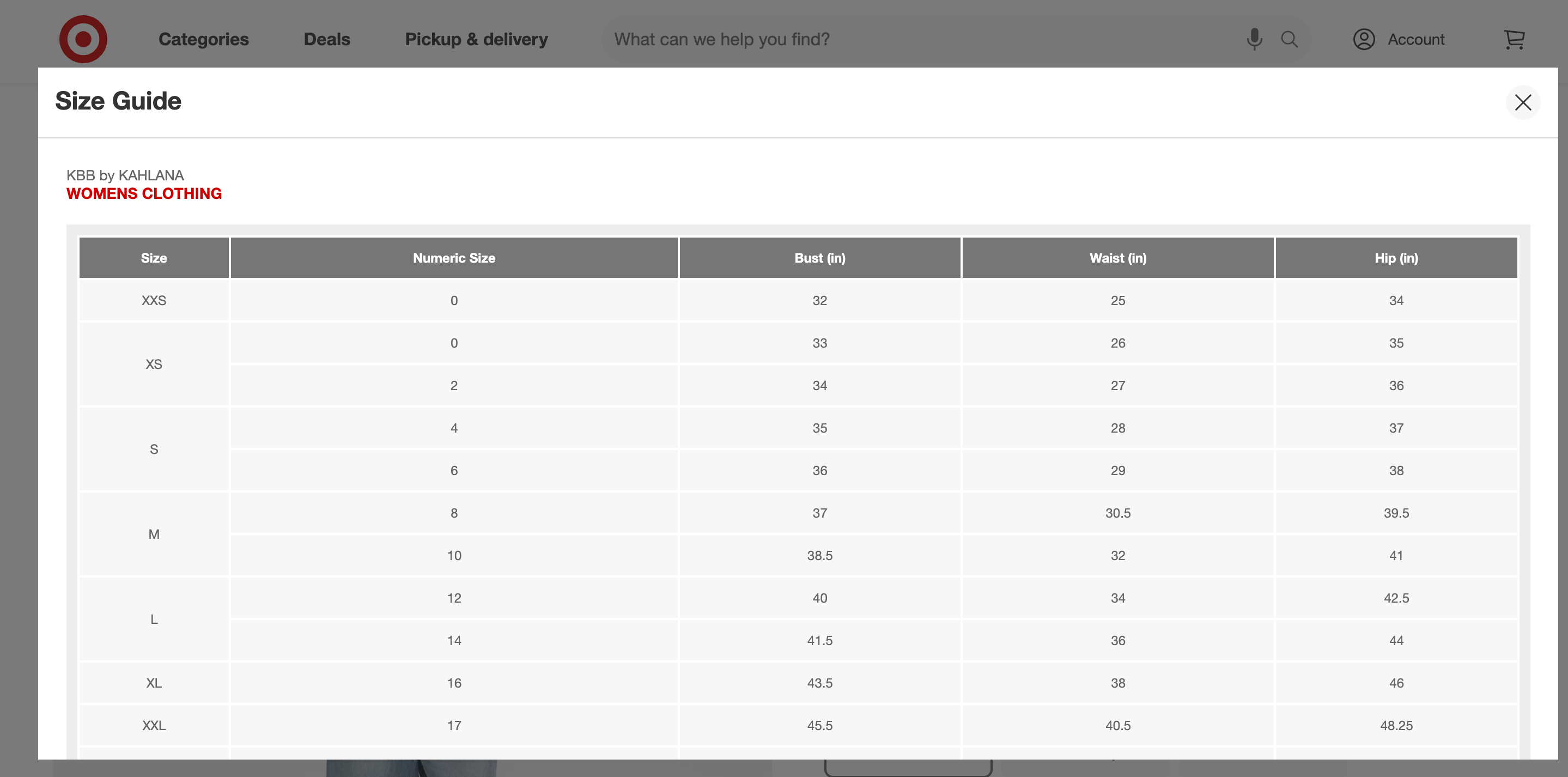 Target size guide overlay showing the KBB by Kahlana women's clothing chart with numeric size, bust, waist, and hip measurements