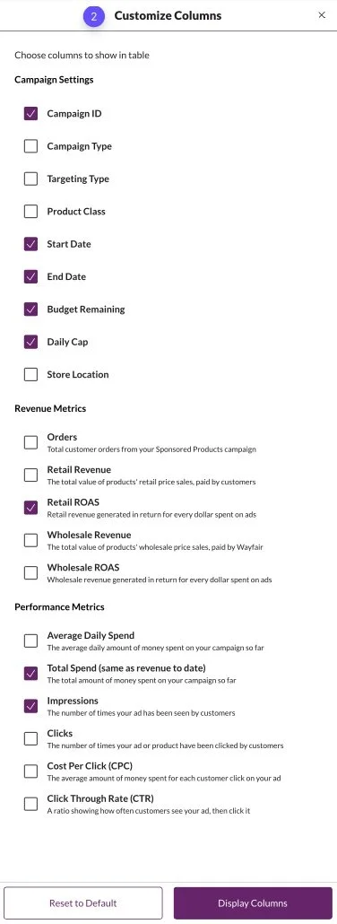 Customize columns modal with plain-language metric definitions
